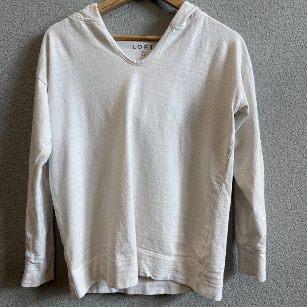 LOFT Oversized Slub Knit V-Neck Hooded Long Sleeve Shirt 100% Cotton XS